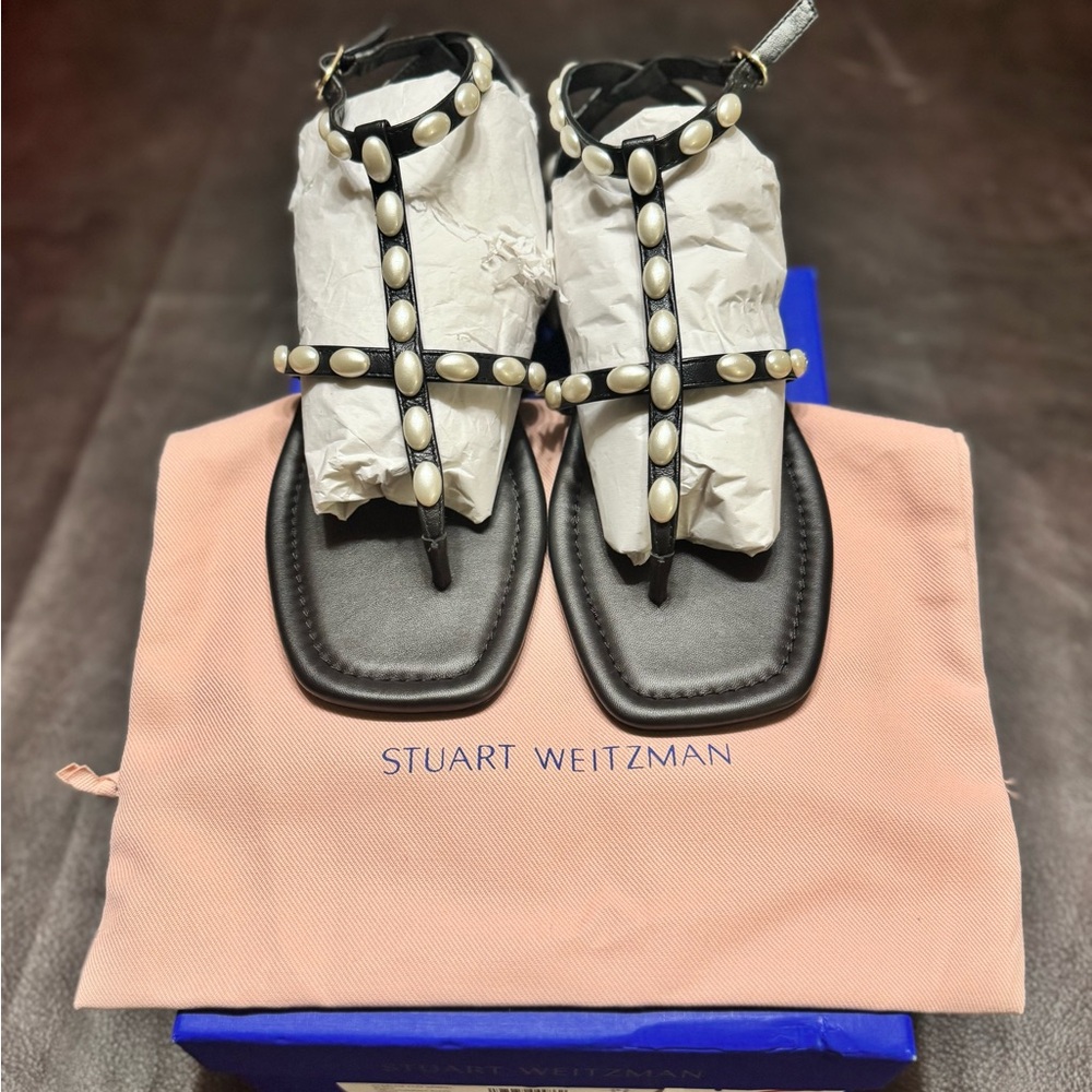 Stuart Weitzman Black Sandals with Pearl Details
